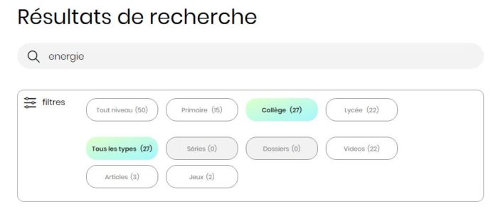 Un exemple de recherche sur le site lumni